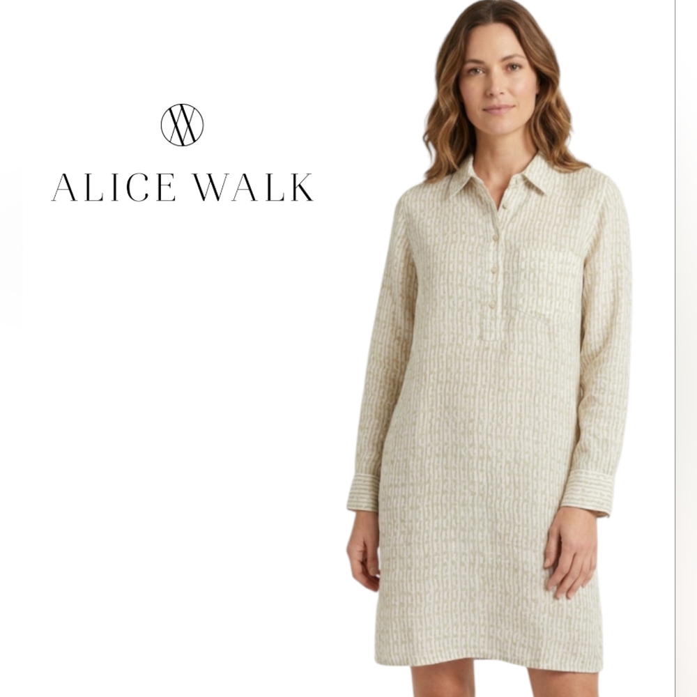 NWT Alice Walk Linen CottageCore Block Print  Minimalist Collared Midi Dress (L)